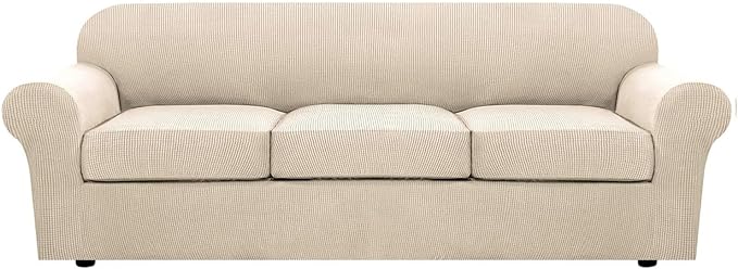 4 Piece Stretch Sofa Covers for 3 Cushion Couch Covers Furniture Slipcovers for Living Room (1 Base Cover Plus 3 Seat Cushion Covers) Thicker Jacquard Fabric Cover (XL Sofa, Natural)