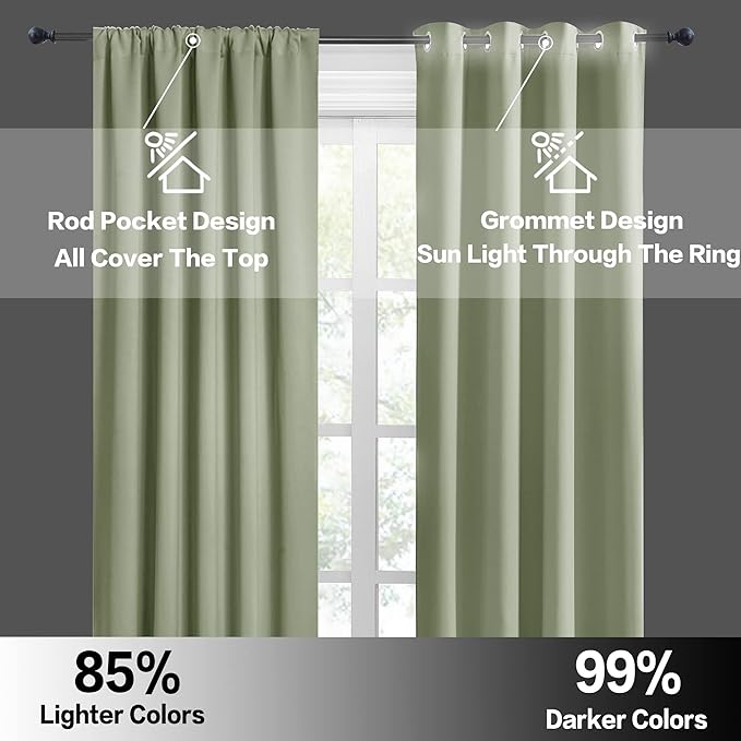 RYB HOME Blackout Curtains for Bedroom Living Room 63 inches Long, Thermal Insulated Privacy Rod Pocket Drapes for Nursery Office Home Theater, Width 34 by Length 63, Sage Green, 2 Panels