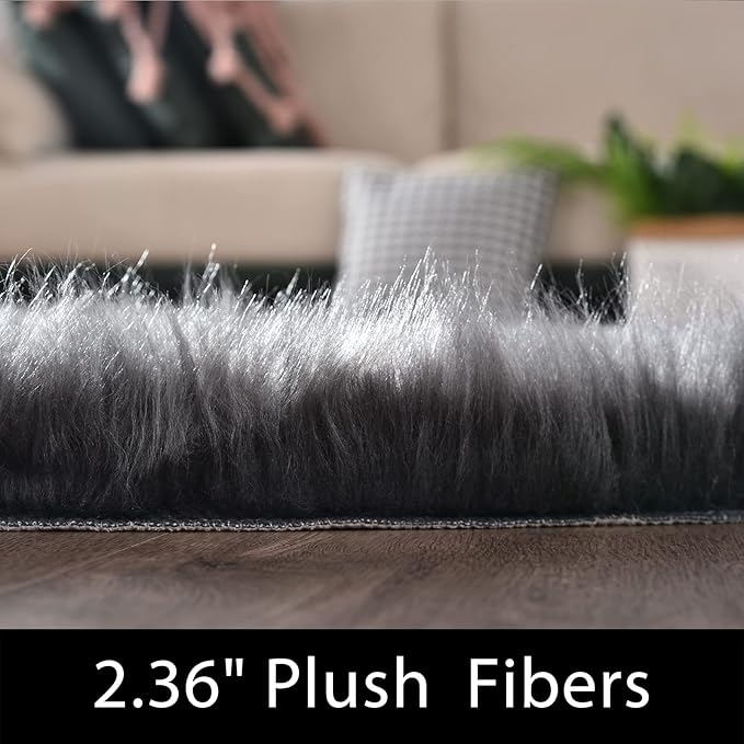 Latepis Dark Grey Fur 3x5 Area Shaggy Bedside Faux Sheepskin Rug for Bedroom Washable Furry Rugs Fuzzy Rug for Living Room Sofa Cushion Luxury Home Decor