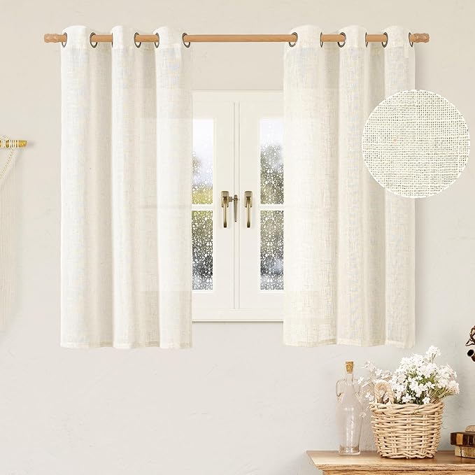 LAMIT 48 Inch Length Short Linen Curtains 2 Panels, Cream Ivory Light Filtering Panels Bronze Grommet Semi Sheer Drapes for Kitchen/Small Windows/Cafe, 34 x 48 Inch