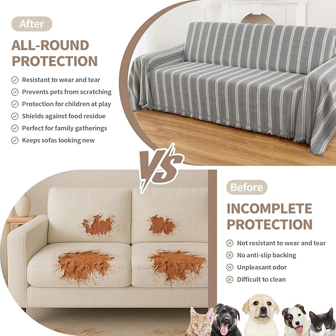 Couch Cover for Dogs, Boho Sofa Covers for 3 Cushion Couch, Chenille Sofa Slipcover for Pets Washable, L-Shape Sectional Loveseat Cover Soft Throw Blankets with Tassels(71x134,Striped Grey)