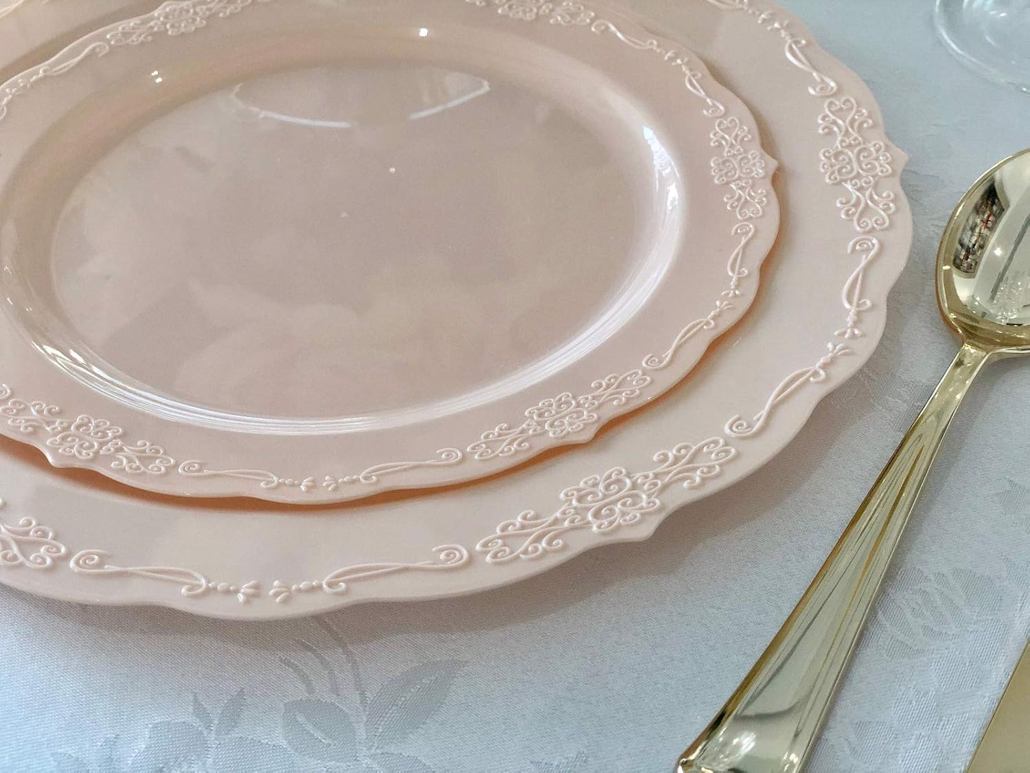 " OCCASIONS " 50 Plates Pack (25 Guests)-Vintage Wedding Party Disposable Plastic Plate Set -25 x 10'' Dinner + 25 x 7.5'' Salad/Dessert plates (Verona Blush Pink/Antique Rose)