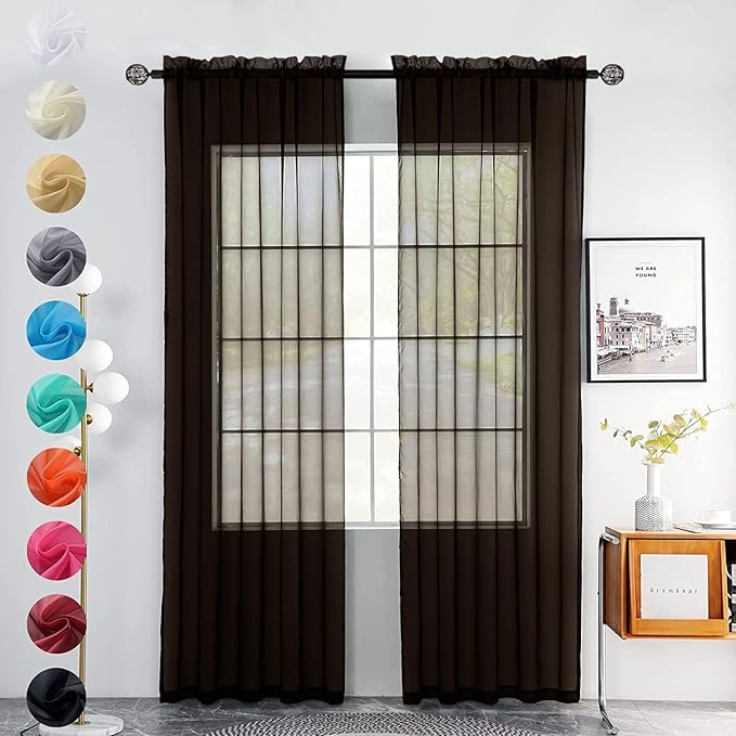 youleyar Solid Sheer Rod Pocket Curtain Voile Draperies 2 Panels White Beige Black Grey Coffee 52 Inch Width 45 Inch Long 1 Pair for Kitchen Bedroom Children Living Room Yard(Coffee,52Wｘ45L)
