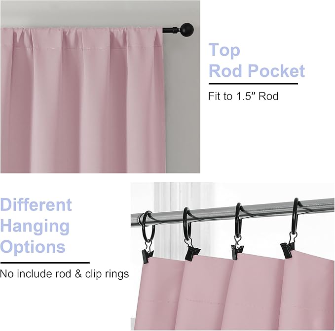 Simplebrand Ava Blush Short Blackout Curtains for Bedroom 45 Inches Long 2 Panels Set, Solid Thermal Insulated, Energy Saving Window Treatment Curtains Blackout Drapes, W40 x L45 Inch, Blush
