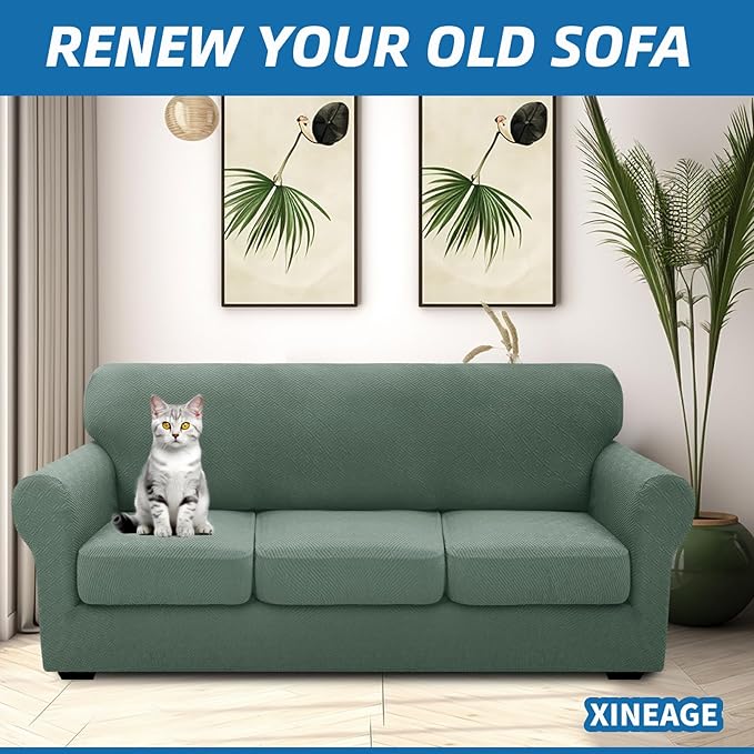 XINEAGE New 4 Pieces Extra Large Couch Covers for 3 Cushion Sofa Super Stretch Sofa Cover for 3 Large Seat Cushion Universal Slip Cover for Living Room (Pea Green), 91"-110"(3 Cushions)