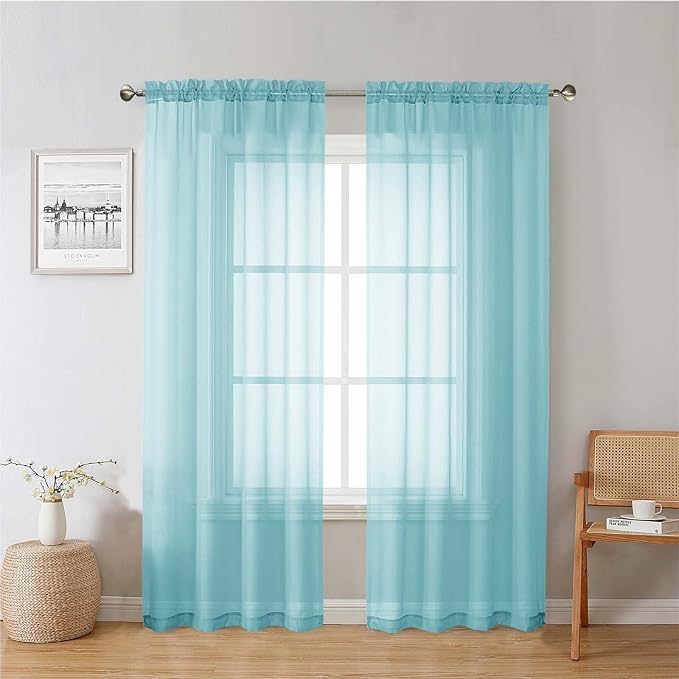 Lecloud Aqua Sheer Curtains for Living Room 78 Inches Long 2 Pcs, Dual Rod Pockets Light Filtering Airy Home Decor Window Curtains for Bedroom, Solid Color Voile Drapes, Each Panel 42" W x 78" L