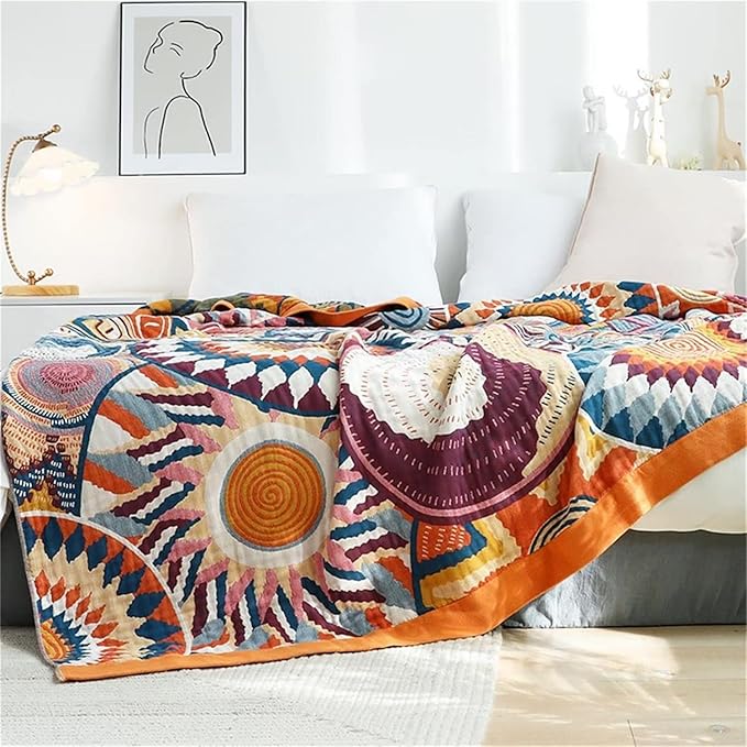 MSGKV Boho Throw Blanket for Bed Couch,100% Cotton Throw Blankets 80''x90'' Travel Spring Reversible Versatile Woven Blanket Home Decor