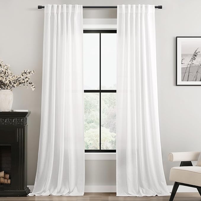Linen White Curtains 90 inches Long for Bedroom Loop Pocket Privacy Light Filtering Semi Sheer White Boho Farmhouse Curtain Drapes Cotton Textured Modern Elegant Coastal Living Room Decor 42x90