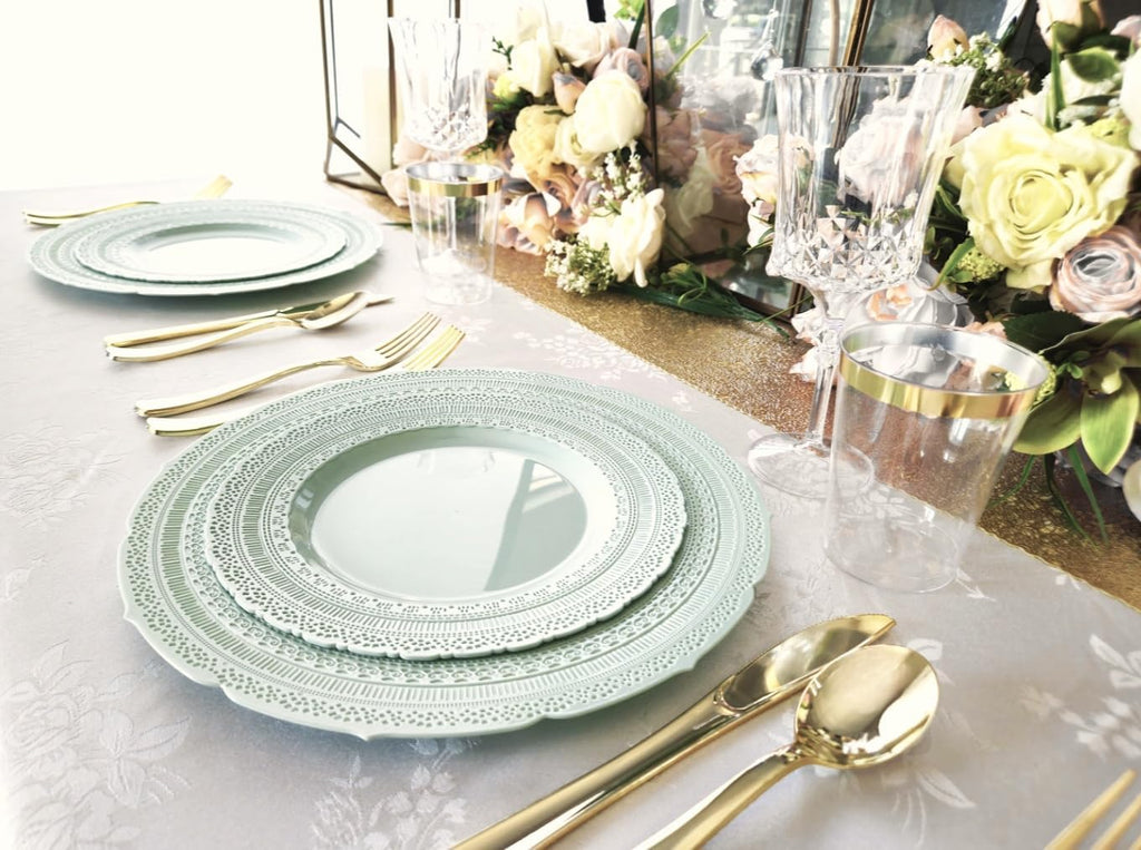 " OCCASIONS " 60 Plates Pack, Extra Heavyweight Disposable Vintage Wedding Party Plastic Plates (11'' Dinner Plate, Chateau in Mint)