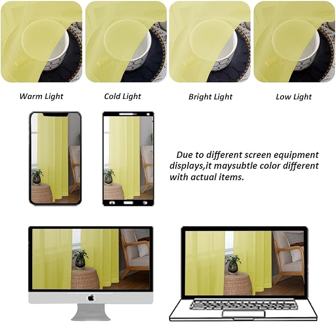 Chyhomenyc Lemon Sheer Curtains 72 Inch Length 2 Panels, Light Filtering Soft Airy Rod Pocket Voile Window Curtain Drapes for French Door Bedroom Living Room, Each 42Wx72L