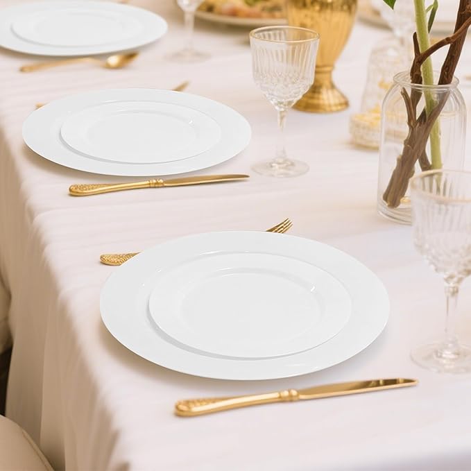 200 PCS White Plastic Plates, Plastic White Plates Disposable Include 100 Dinner Plate and 100 Dessert Plate Perfect for Christmas Party, Holiday, Wedding