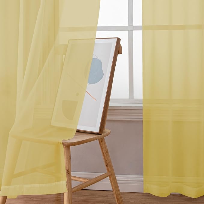 Simplebrand Yellow Short Sheer Kitchen Cafe Curtains 36 x 42 Inch, 2 Panels - Tier Curtains Rod Pocket Drapes for Bathroom, Small Windows