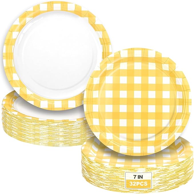 32 Pcs Yellow Gingham Party Plates - 7 Inch Checkered Plaid Dessert Plates Disposable Yellow and White Paper Plate - For Picnic BBQ Birthday Dinner Party Supplies