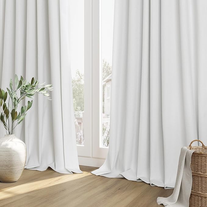 Guken White 100% Blackout Linen Curtains 52 Inch Wide by 60 Inch for Living Room Bedroom Back Tab Thermal Insulated Black Out Linen 2 Drapes Room Darkening Farmhouse Window Curtains