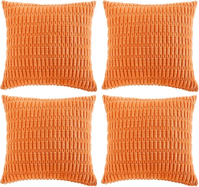 Fancy Homi 4 Packs Orange Fall Decorative Throw Pillow Covers 22x22 Inch for Couch Living Room Bed Sofa, Halloween Pumpkin Autumn Home Decor, Soft Cute Plush Corduroy Striped Cushion Case 55x55 CM