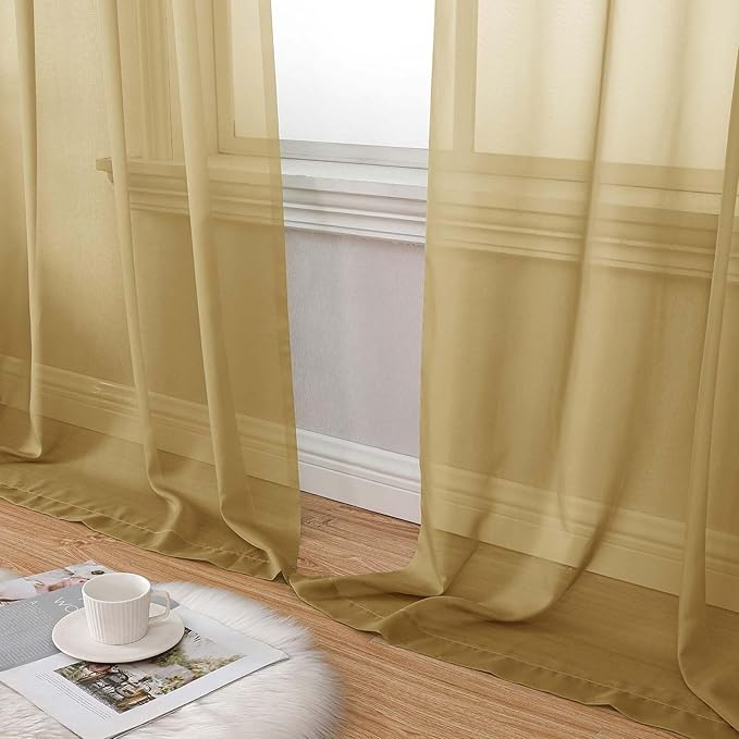 Gold Sheer Curtains 84 Inches Long 2 Panels Set for Bedroom Living Room, Soft Airy Light Filtering Modern Solid Rod Pocket Drapes Window Treatments, Gold, Each 59" W x 84" L
