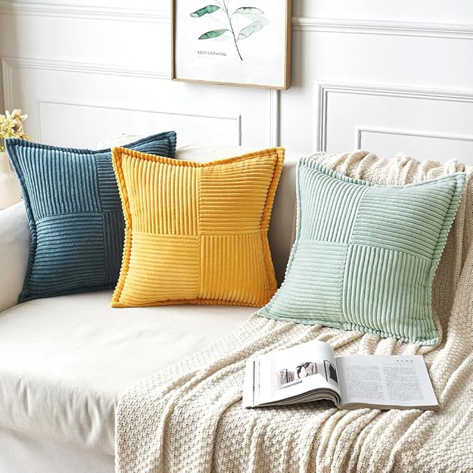 MIULEE Golden Yellow Corduroy Pillow Covers 20x20 Inch with Splicing Set of 2 Soft Boho Striped Pillow Covers Broadside Decorative Textured Summer Pillowcases for Couch Cushion Bed Livingroom