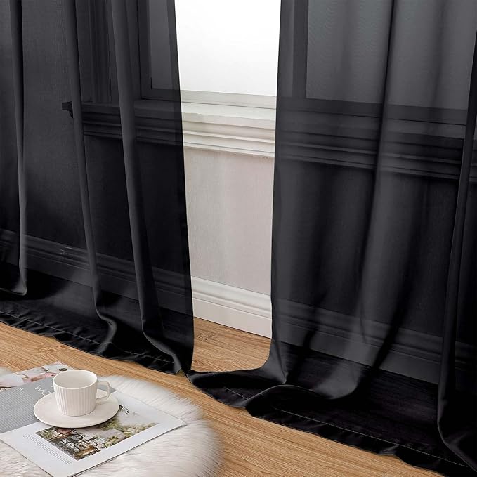 Sheer Black Curtains for Bedroom Living Room 90 Inches Long 2 Panels Set, Soft Airy Light Filtering Sheer Window Treatments, Modern Rod Pocket Curtains Drapes, Each 42" Wx90 L Inch