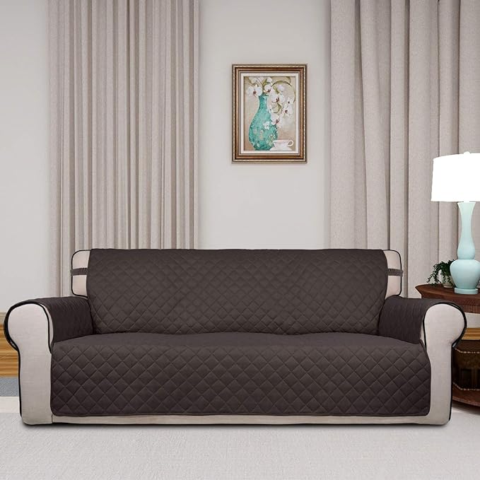 PureFit Reversible Quilted Sofa Cover, Water Resistant Slipcover Furniture Protector, Washable Couch Cover with Non Slip and Elastic Straps for Kids, Dogs, Pets (Oversized Sofa, Chocolate/Beige)