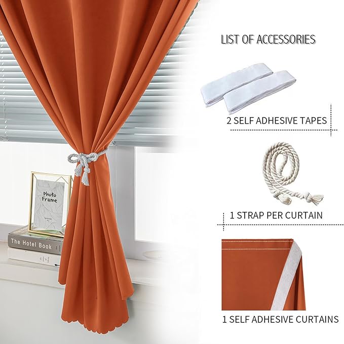 Self Adhesive Curtains Portable Blackout Curtain Simple and Easy to Install Bedroom Window Thermal Lnsulated Kitchen Room Darkening Black Small Drapes, 47" W X 96" L, Orange, 1 Panel