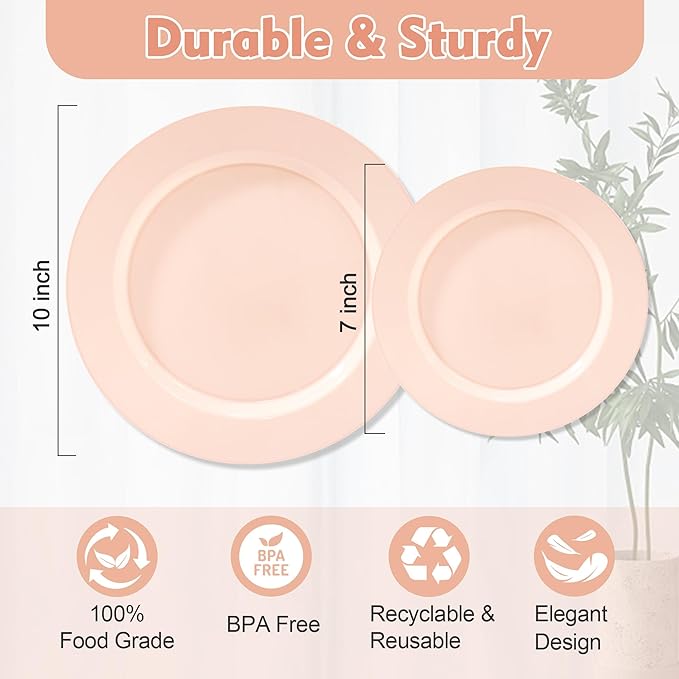 200 PCS Pink Plastic Plates, Plastic Disposable Plates Include 100 Dinner Plate and 100 Dessert Plate Perfect for Holiday, Birthday, Wedding & Party