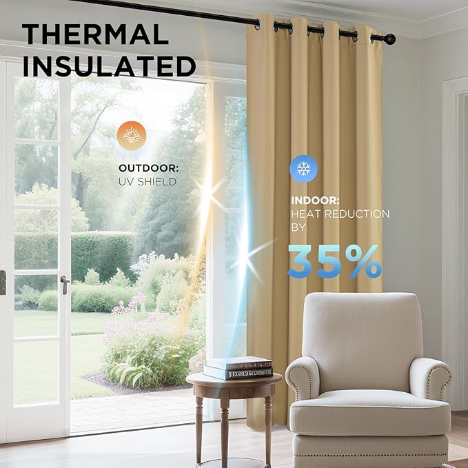 Joydeco Blackout Curtains 90 Inch Length 2 Panels Set, Thermal Insulated Long Curtains& Drapes 2 Burg, Room Darkening Grommet Drapes for Living Room Bedroom Window (W52 x L90 Inch, Beige)