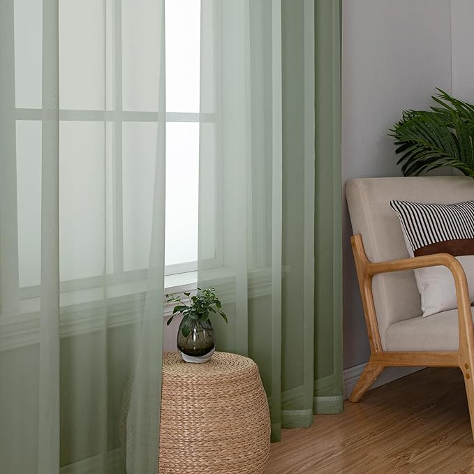 Lecloud Sage Green Sheer Curtains 72 Inches Long 2 Panels Set, Rustic Voile Window Treatments for Bedroom Living Room, Dual Rod Pocket Window Curtain Drapes for Yard/Patio/Villa/Parlor, 40" W x 72" L