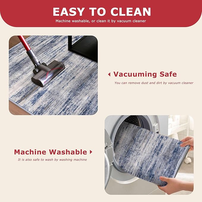 KOZYFLY 3x8 Ft Rug Modern Ombre Runner Rug for Hallway, Washable Kitchen Rugs Non-Slip Soft Striped Entryway Rug, Print Grey-Blue Abstract Carpet for Laundry Nursery