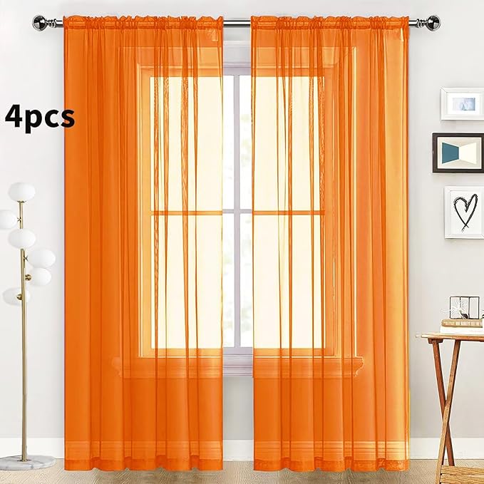SpaceDresser Orange Sheer Curtains 4 Panels Rod Pocket Semi-Sheer Curtain 84 Inches Long Light Filtering Voile Window Drapes for Bedroom Living Room Kitchen, Each 52W x 84L