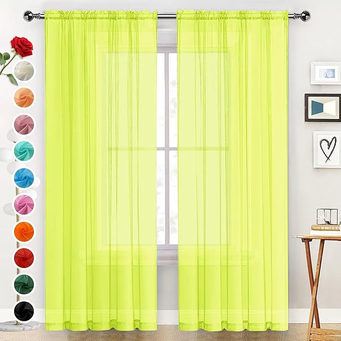 SpaceDresser Basic Rod Pocket Sheer Voile Window Curtain Panels Chartreuse 1 Pair 2 Panels 52 Width 54 Inch Long for Kitchen Bedroom Children Living Room Yard（Chartreuse, 52W x 54L）