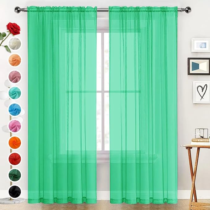 SpaceDresser Basic Rod Pocket Sheer Voile Window Curtain Panels Grass Green 1 Pair 2 Panels 52 Width 90 Inch Long for Kitchen Bedroom Children Living Room Yard（Grass Green, 52W x 90L）