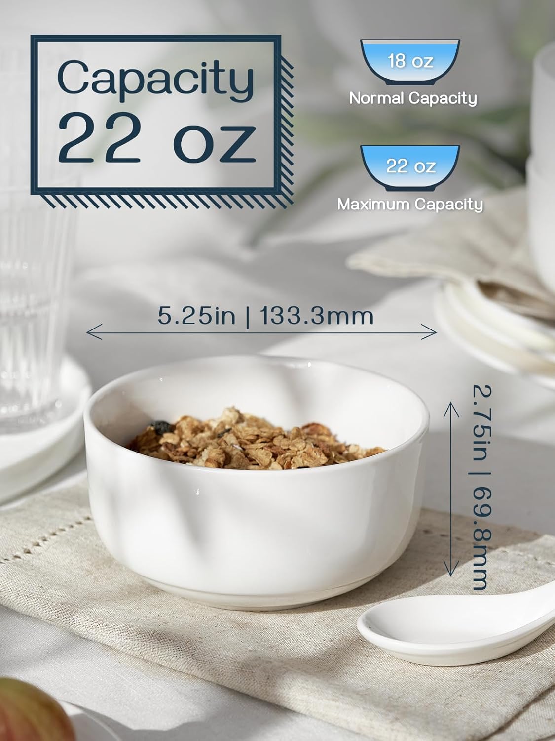 DOWAN 22 OZ Cereal Bowls Set of 6-5.25" White Soup Bowls for Kitchen, Ceramic Bowls for Cereal, Soup, Oatmeal, Rice, Dishwasher & Microwave Safe