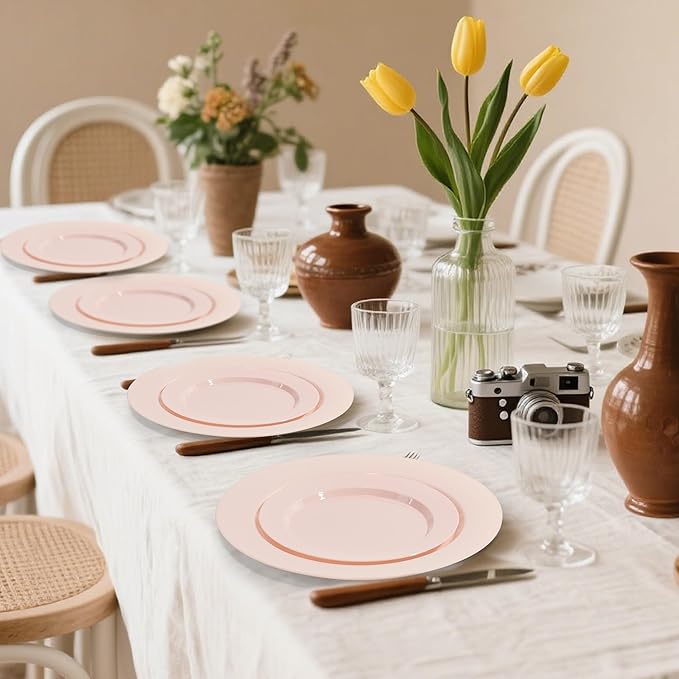 100 PCS Pink Plastic Plates, Plastic Disposable Plates Include 50 Dinner Plate and 50 Dessert Plate Perfect for Holiday, Birthday, Wedding & Party