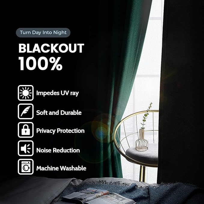 SimpleHome 100% Blackout Curtains for Bedroom,Thermal Insulated Dark Green Grommet Window Drapes Room Darkening Curtains for Living Room with Black Back,52 x 72 Inch,2 Panels