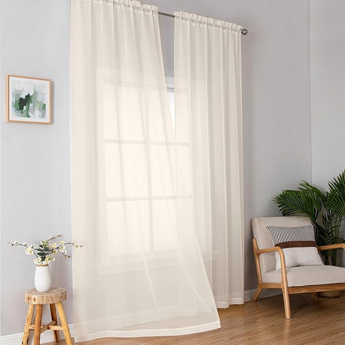 Simplebrand Cream Sheer Curtains, 63" Length, 2 Panels Set - Light Filtering, Rod Pocket Window Curtains for Bedroom (Cream, 59" W x 63" L)