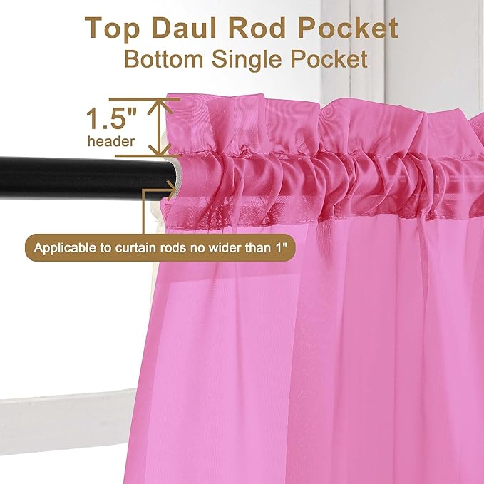 Chyhomenyc Sheer Valances for Windows, Light Filtering Small Window Curtains for Living Room Bathroom Cafe Laundry Basement, Top Dual Rod Pocket Voile Curtain, 42Wx14L inches, Hot Pink, 2 Pieces