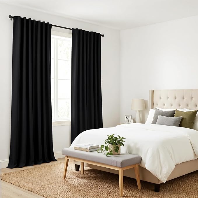 PONY DANCE Black Curtain Panels - 42 Wide by 90 Long, Black Room Darkening Floor Length Window Curtains for Living Room/Bedroom with Back Tab Slot Top Home Decor Draperies, 2 PCs