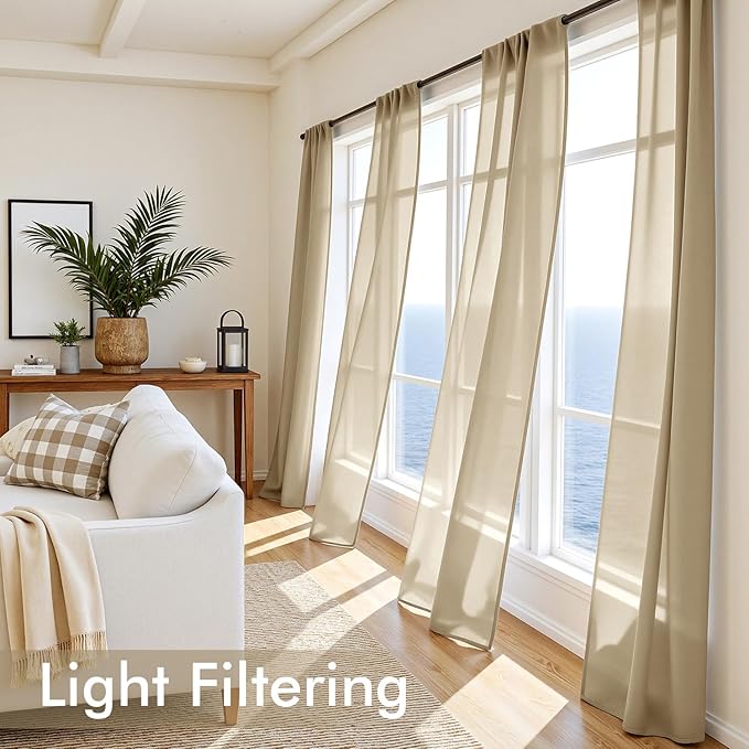 MIULEE Beige Sheer Curtains 108 Inches Long, 4 Panels Set, Rod Pocket Voile Drapes Light Filtering and Semi Transparent, Elegant Window Treatments for Bedroom Living Room,42 x 108 Inches