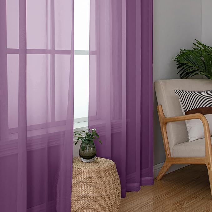 Simplebrand Plum Purple Sheer Curtains 96 Inches Long 2 Panels, Light Filtering Rod Pocket Solid Color Window Sheer Curtain Panels, Elegant Curtains & Drapes for Living Room, Bedroom, 42" W x 96" L