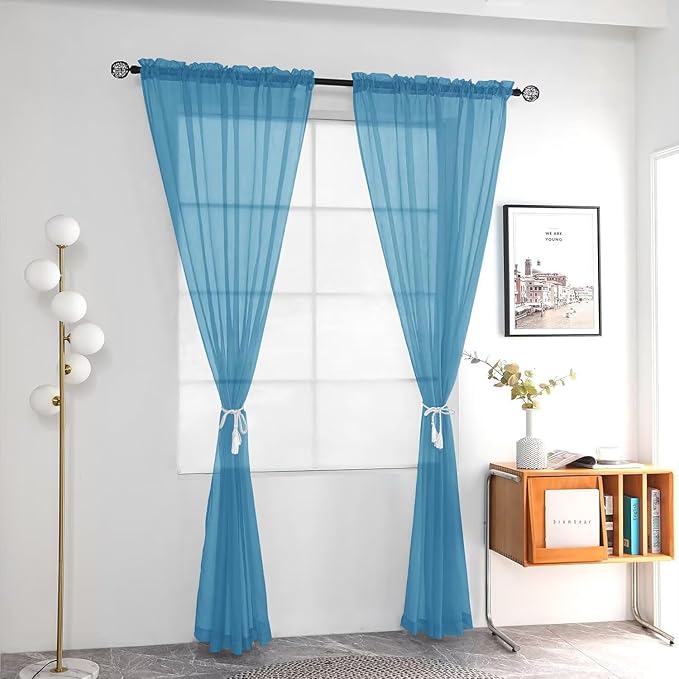 youleyar Solid Sheer Rod Pocket Curtain Voile Draperies 2 Panels White Beige Black Grey Ivory 52 Inch Width 72 Inch Long 1 Pair for Kitchen Bedroom Children Living Room Yard (Blue,52Wｘ72L)
