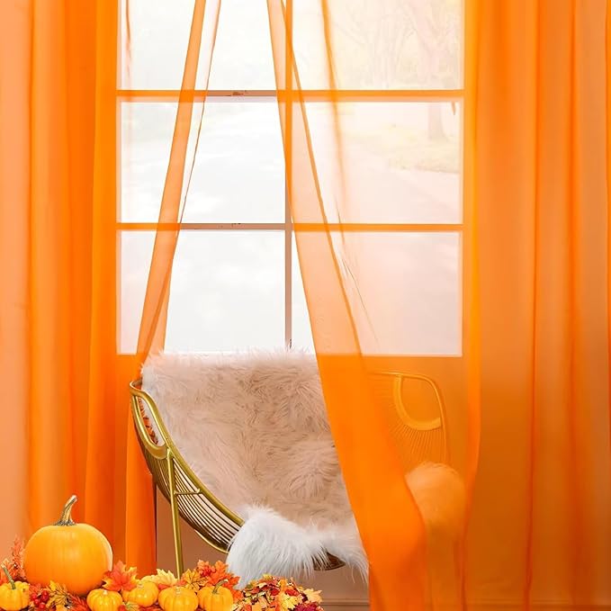 youleyar Solid Sheer Rod Pocket Curtain Voile Draperies 2 Panels Orange Beige Black Grey Coffee 70 Inch Width 84 Inch Long 1 Pair for Kitchen Bedroom Children Living Room Yard(Orange,70Wｘ84L)