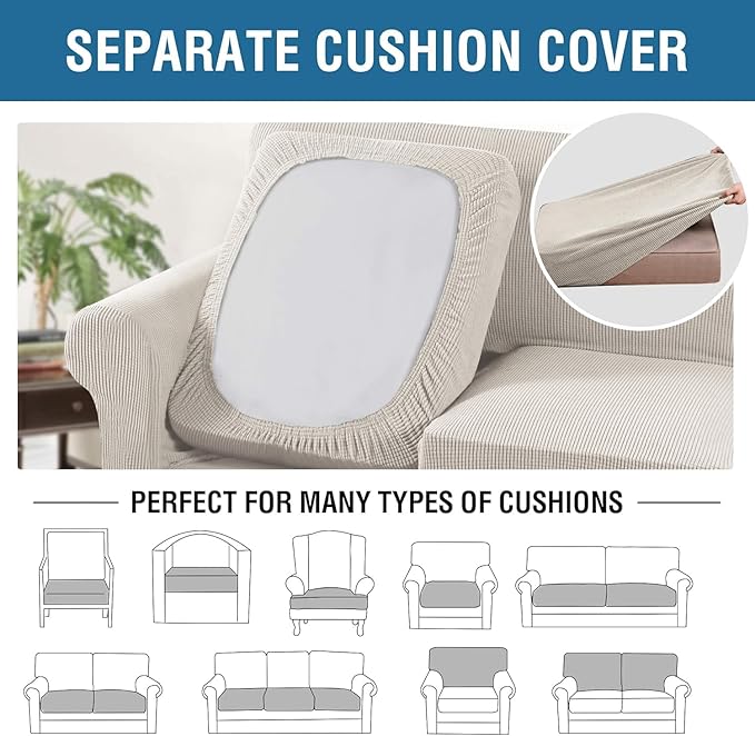 H.VERSAILTEX 4 Piece Stretch Sofa Covers for 3 Cushion Couch Covers for Living Room Furniture Slipcovers (Base Cover Plus 3 Seat Cushion Covers) Thicker Jacquard Fabric (Large Sofa, Ivory)