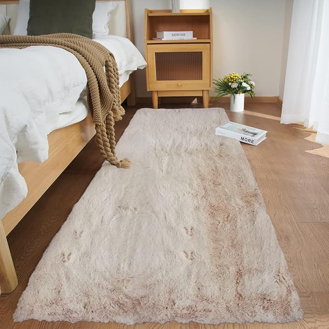 Ghouse Ultra Soft Faux Rabbit Fur Rug, Machine Washable Area Rugs for Bedroom Fluffy Rugs for Living Room, No-Shedding Carpet Sheepskin Runner Rugs Light Brown Beige 2x10 Feet