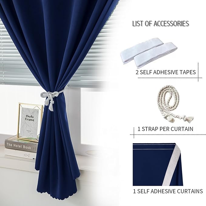Self Adhesive Portable Blackout Curtains for Bedroom Easy to Install Window Thermal Lnsulated Kitchen Room Darkening Small Window Curtains, 59" W X 84" L, Navy Blue, 1 Panel
