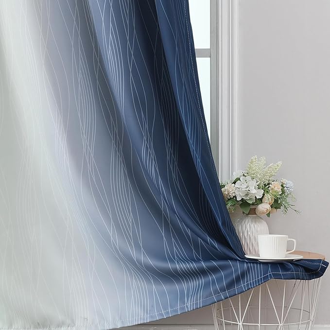 Estelar Textiler Ombre Blackout Curtains 102 Inches Long 2 Panels Set, Navy Blue and Sage Green Thermal Insulated Drapes for Bedroom, Full Room Darkening Grommet Curtains for Living Room, 52Wx102L
