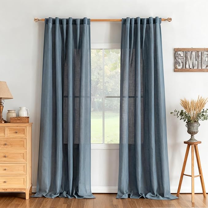 MYSKY HOME 95 Inch Semi Sheer Sliding Door Curtains Farmhouse Light Filtering Window Curtain Drapes for Patio Living Room, Linen Look Texture Fabric Bohemian Draperies, 50x95, Dusty Blue, 2 Panels