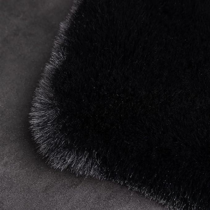 Ghouse Ultra Soft Faux Rabbit Fur Rug, Machine Washable Area Rugs for Bedroom Fluffy Rugs for Living Room, No-Shedding Carpet Sheepskin Runner Rugs Black 2x10 Feet