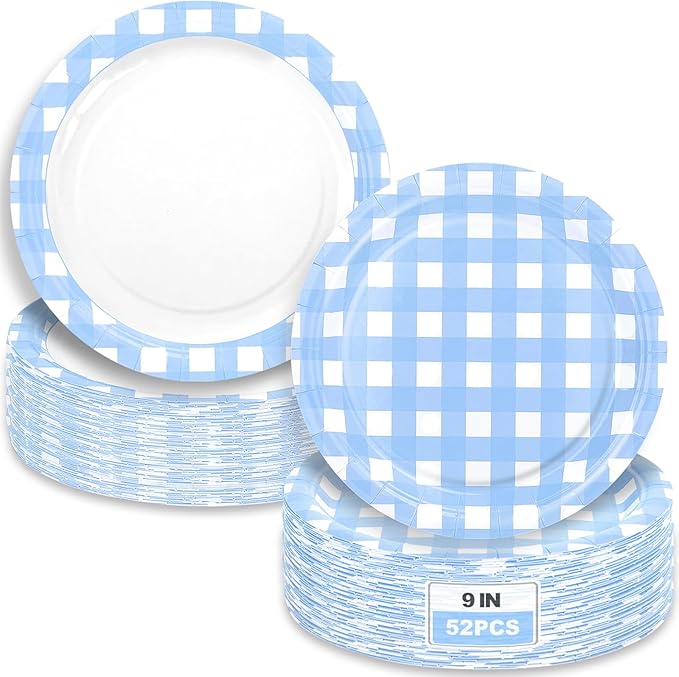 52 Pcs Blue Gingham Party Plates - 9 Inch Checkered Plaid Dessert Plates Disposable Blue and White Paper Plate - For Picnic BBQ Birthday Dinner Party Supplies