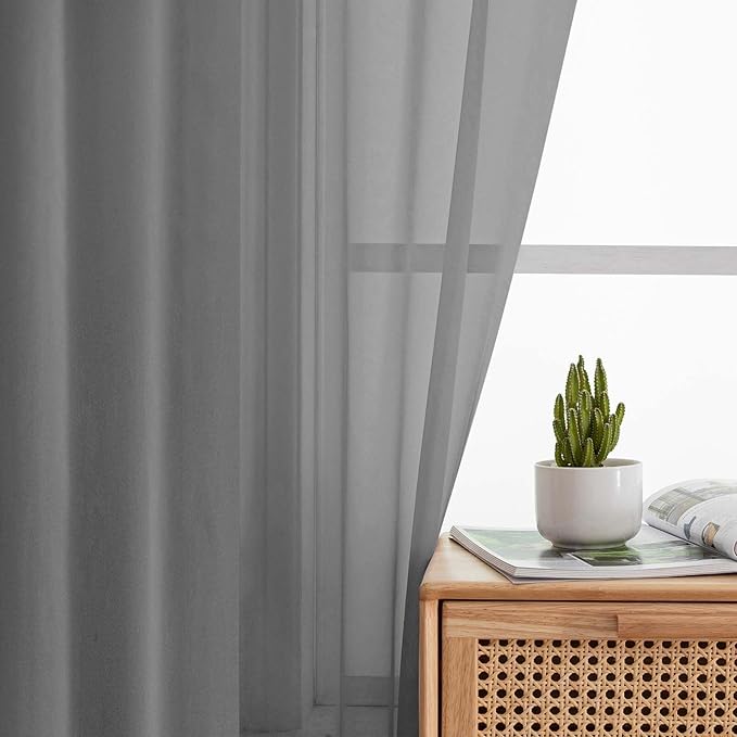 Grey Sheer Curtains for Bedroom Living Room 45 Inch Length 2 Panels, Soft Light Filtering Small Kitchen Window Curtains, Rod Pocket Short Curtain Drapes, Grey, 42" Wx45 L Inches