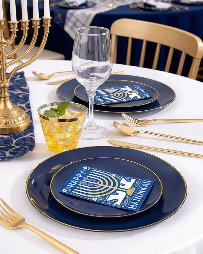bUCLA 150PCS Blue and Gold Plastic Plates - 25 Guests Navy Blue Plastic Dinnerware Disposable for Party and Hanukkah - Include 25 Dinner/Dessert Plates, 25 Knives, 25 Forks, 25 Spoons, 25 Cups
